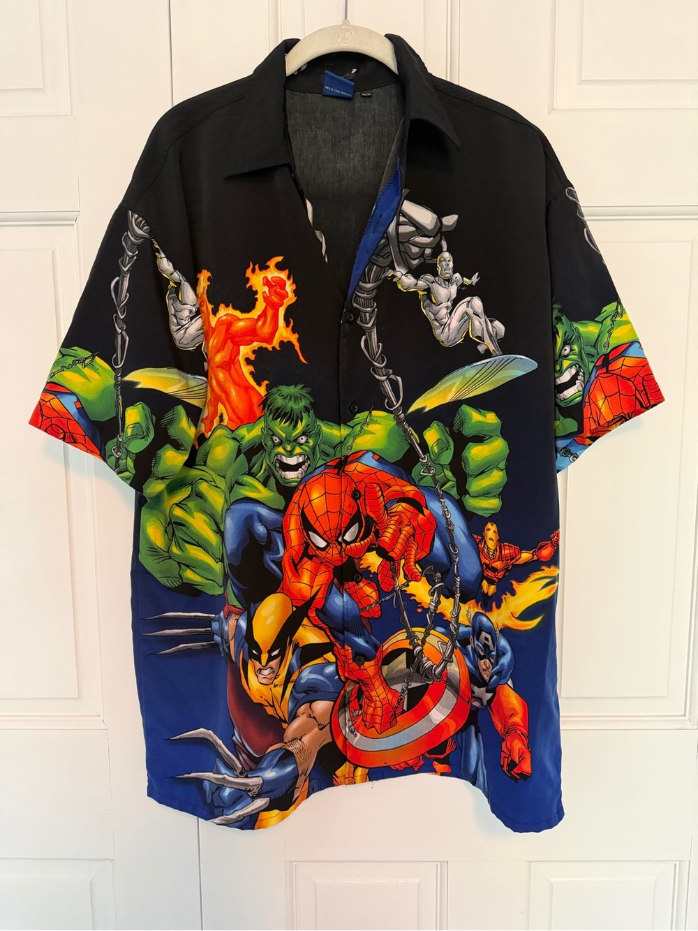 Marvel 2002 All Over Print Spider-Man Hulk Wolverine Button Up Mens Medium